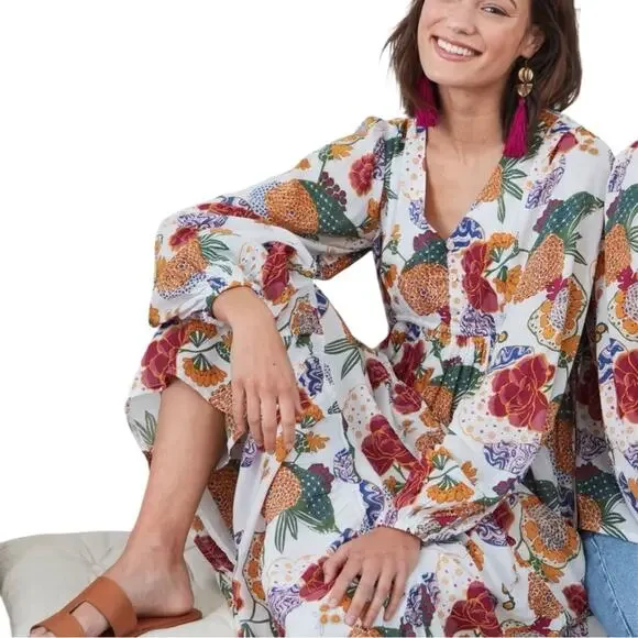 Roller Rabbit Long Sleeve Floral Boho Maxi Size XL Soft Casual - Picture 1 of 5